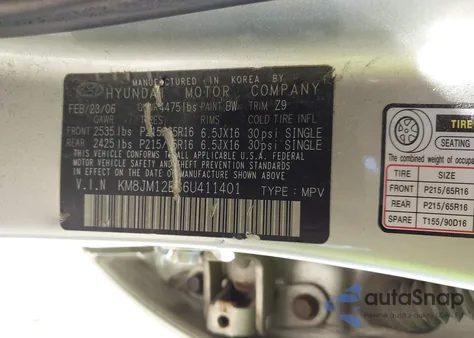 2006 Hyundai Tucson Gl from USA, damaged, VIN KM8JM12B86U411401